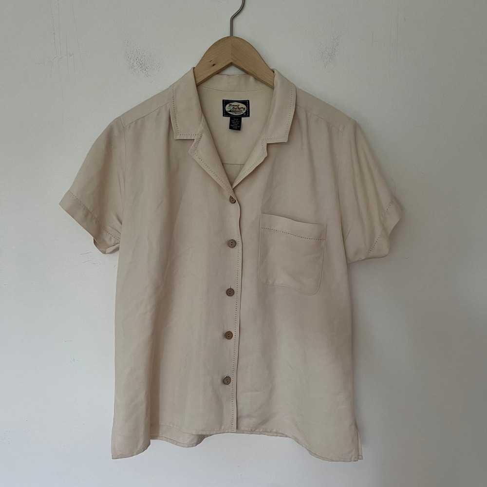 Tommy Bahama 100% Silk Cream Short Sleeve Camp Shirt with Ladder Stitch Size M